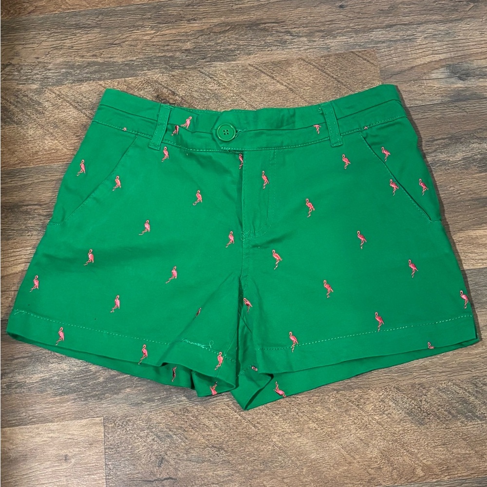 Green with Bright Pink Embroidered Flamingos Shorts. Size 2